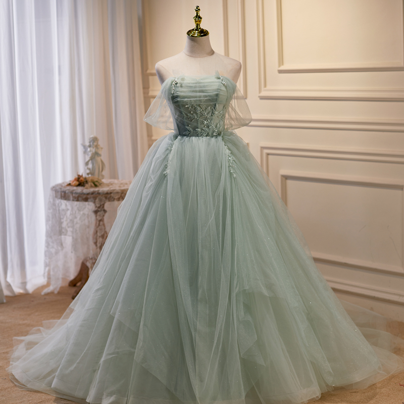 Green Tulle Long A-Line Prom Dress, Green Evening Dress
