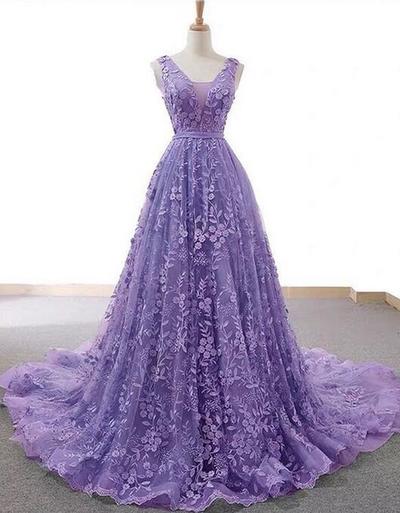 Mermaid Light Purple V-neck Lace Prom Dress