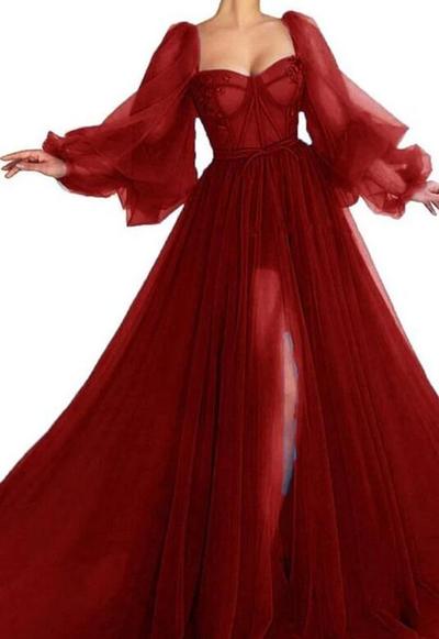 A-Line Long Sleeves Burgundy Evening Dresses