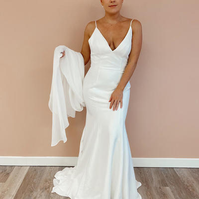 A-line v neck spaghetti straps satin wedding dresses - Thumbnail 3