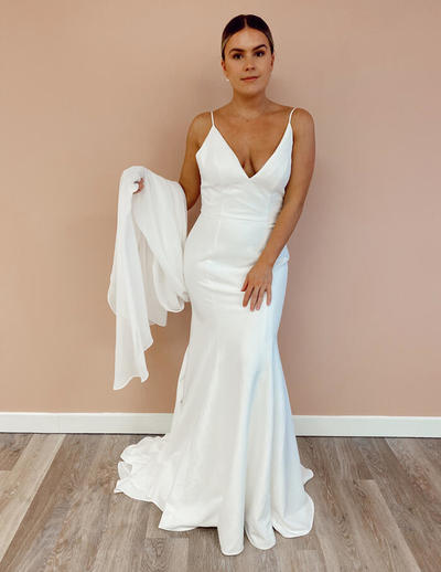 A-Line V Neck Spaghetti Straps Satin Wedding Dresses