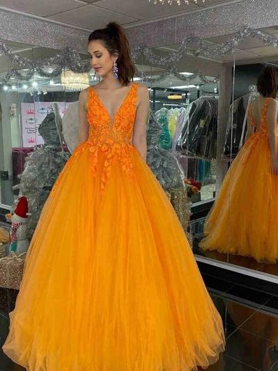 A Line V Neck Orange Lace Long Prom Dresses