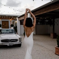 Elegant Mermaid V Neck Satin Long Wedding Dresses - Thumbnail 3