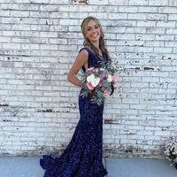 Sparkly Cute Mermaid Deep V Neck Royal Blue Sequins Long Prom Dresses - Thumbnail 1