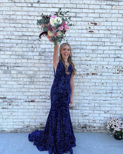 Sparkly Cute Mermaid Deep V Neck Royal Blue Sequins Long Prom Dresses