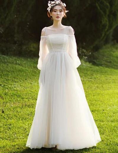 A Line Off Shoulder Tulle Ivory Prom Dress