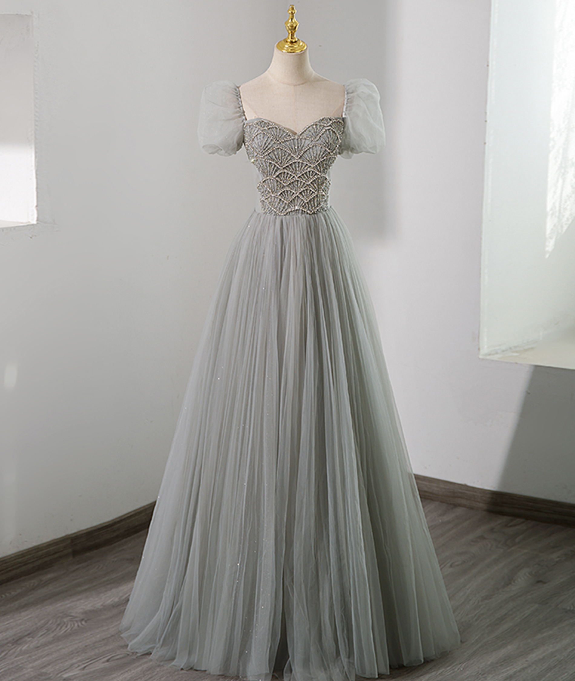 Grey Tulle Beading Long Prom Dresses, A Line Evening Dresses