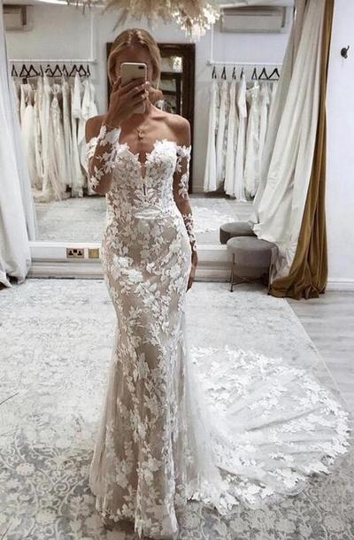 Mermaid off shoulder long sleeve ivory wedding dress