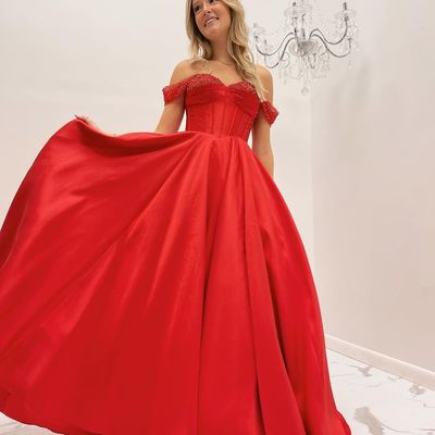 Cute a line sweetheart red satin long prom dresses with beading - Thumbnail 1