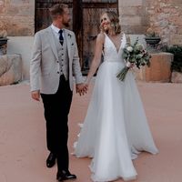 Elegant A Line V Neck Organza & Satin Long Wedding Dresses - Thumbnail 1