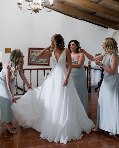 Elegant A Line V Neck Organza & Satin Long Wedding Dresses