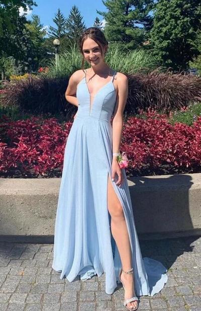 Simple A Line Blue V Neck Prom Dresses