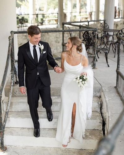 Elegant Mermaid Cowl Neck Soft Satin Long Wedding Dresses with Slit