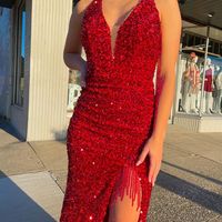 Sparkly Mermaid V Neck Red Sequins Long Prom Dresses with Slit - Thumbnail 1
