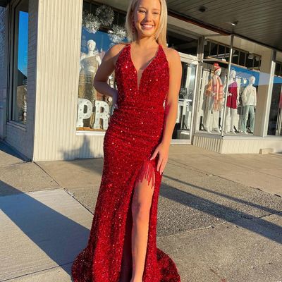 Sparkly mermaid v neck red sequins long prom dresses with slit - Thumbnail 3