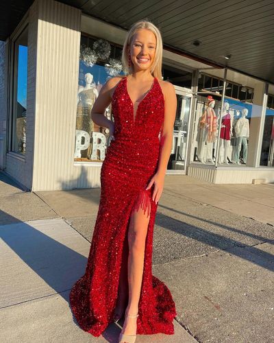 Sparkly Mermaid V Neck Red Sequins Long Prom Dresses with Slit