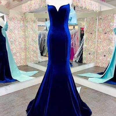 Cute mermaid sweetheart royal blue velvet prom dresses with bow - Thumbnail 2