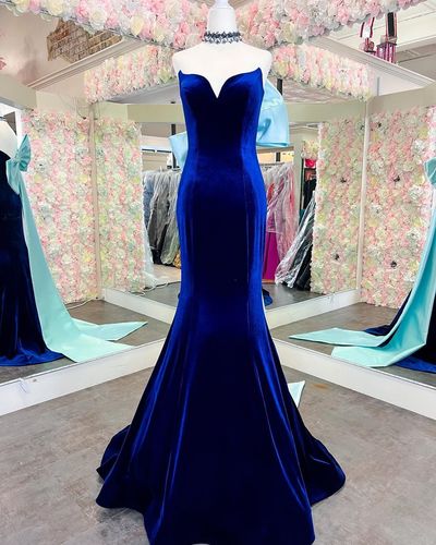 Cute Mermaid Sweetheart Royal Blue Velvet Prom Dresses with Bow