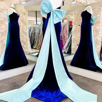Cute Mermaid Sweetheart Royal Blue Velvet Prom Dresses with Bow - Thumbnail 2