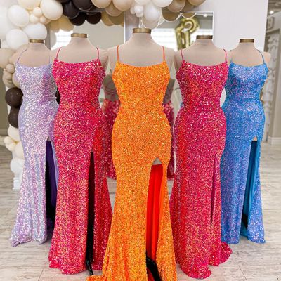 Sparkly mermaid scoop neck sequins long prom dresses with lace-up - Thumbnail 1