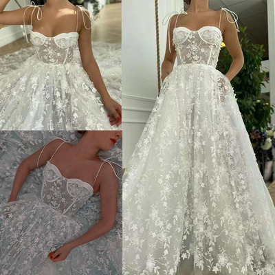Spaghetti Straps Ties Wedding Dresses Bridal Gown Lace Corset