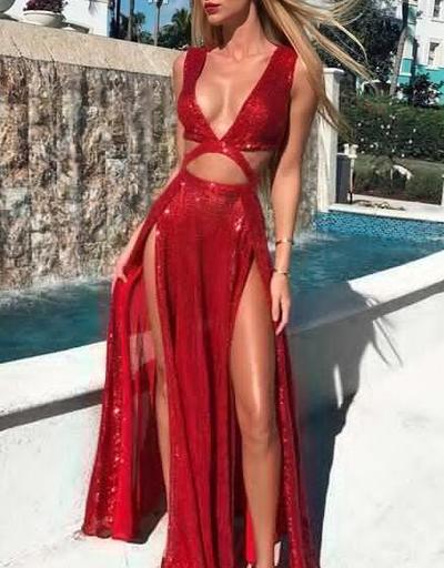 A Line Burgundy Sequin Backless Prom Dresses