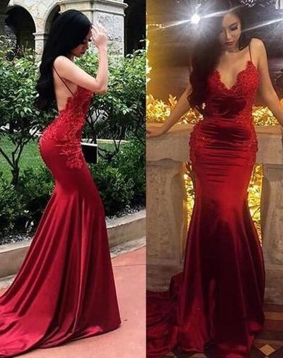 Spaghetti Straps Mermaid Wine Red Lace Appliques Formal Prom Dress