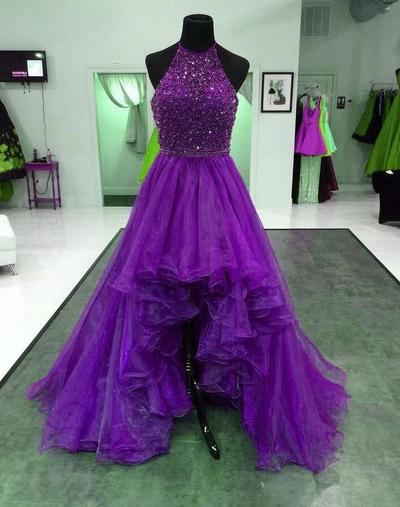 Halter A Line Purple Beaded Organza Ruffles High Low Prom Dresses
