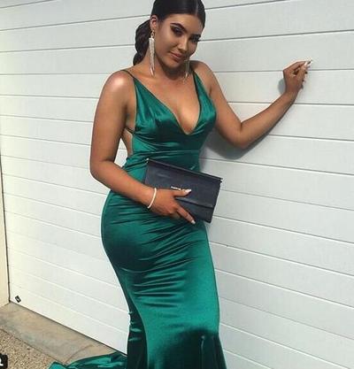 Simple Mermaid Emerald Green Deep V Neck Backless Evening Dresses