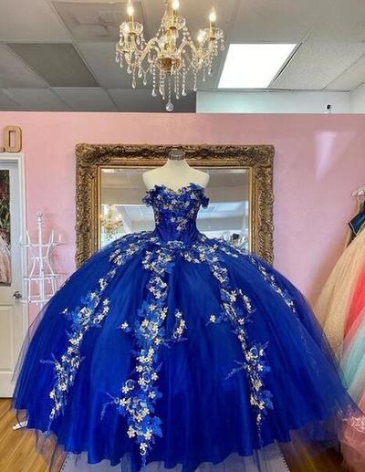Princess Royal Blue Tulle Floor-Length Ball Gown Prom Dresses