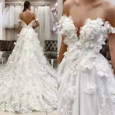 Off Shoulder Wedding Dresses Bridal Gown with 3D Flowers BD67