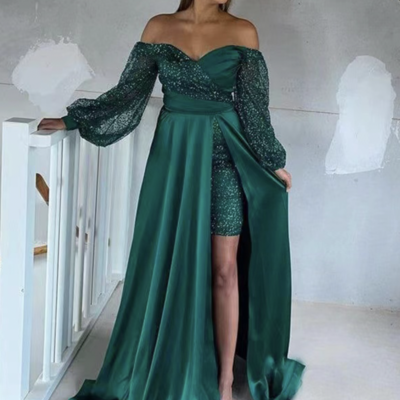 Off shoulder green prom dresses with sleeves slit side - Thumbnail 1