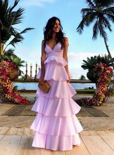 A-Line V Neck Open Back Pink Satin Prom Dresses