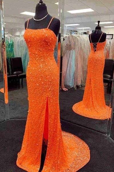 Cute Mermaid Straps Orange Sequins Long Prom Dresses with Slit