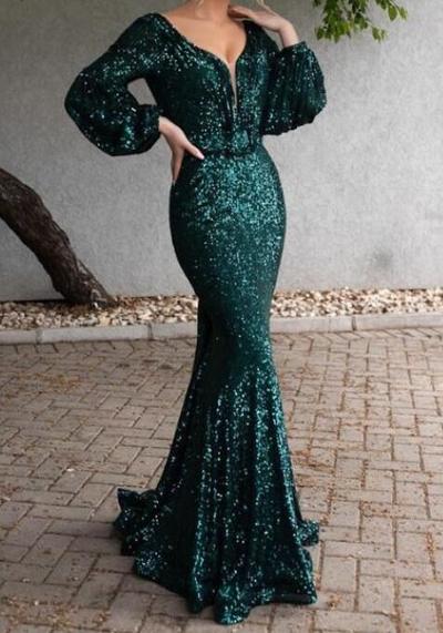 Mermaid Sparkly Green Long Sleeve Sequin Evening Dresses