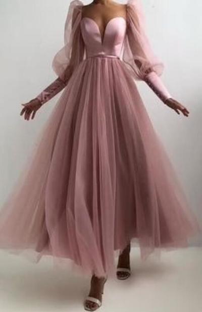 A line V Neck Pink Long Sleeves Tulle Prom Dress