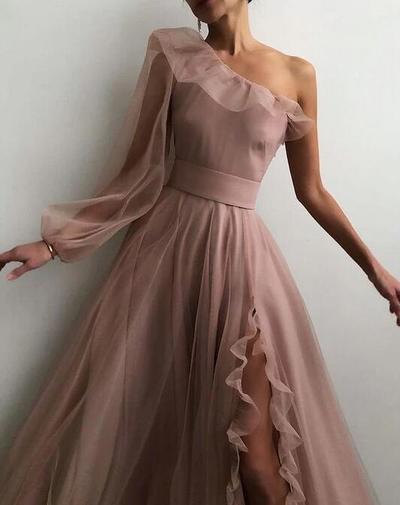 Simple A Line One Shoulder Slit Tulle Prom Evening Dress