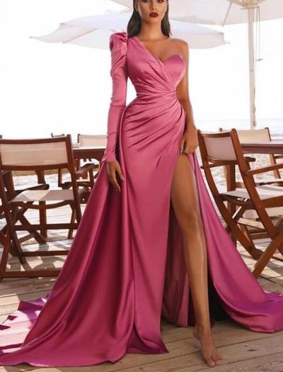 Gorgeous Mermaid One Shoulder Hot Pink Long Sleeve Stain Prom Dress With Split