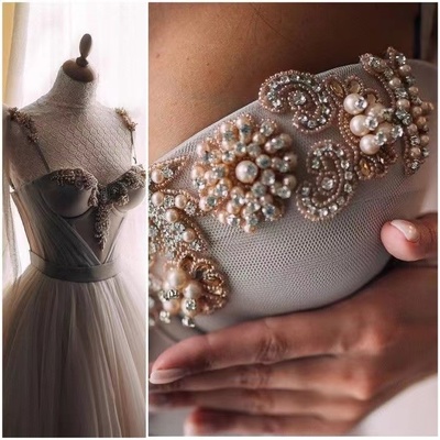 Straps Prom Dresses Tulle with Pearls