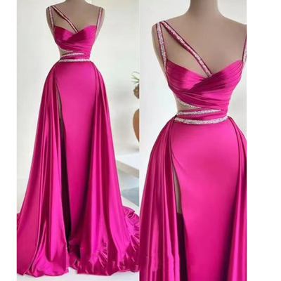 Fuchsia Prom Dresses Slit Side with Beading