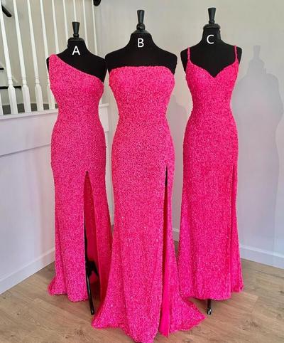 A Line Hot Pink Sequins Long Formal Prom Dress