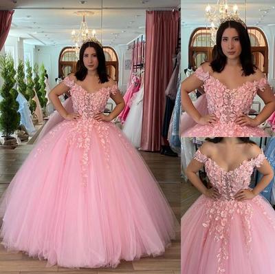 Princess Off the Shoulder Pink Tulle Quinceanera Dress With Lace