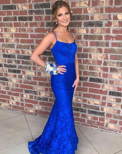 Mermaid Royal Blue A Line Lace Long Prom Dress