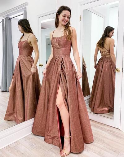 Elegant A Line Straps Rose Gold Backless Prom Dress