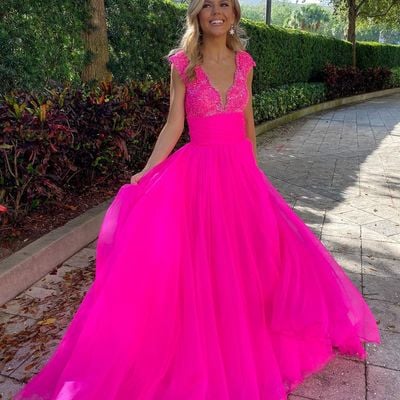 Fashion cute a line v neck hot pink tulle prom dress - Thumbnail 1