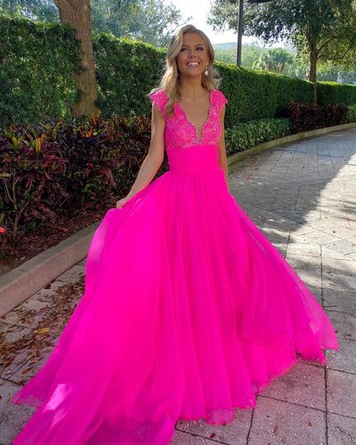 Fashion Cute A Line V Neck Hot Pink Tulle Prom Dress