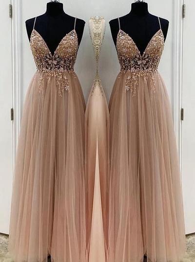 Spaghetti Straps A-Line Beading Tulle Sleeveless Floor-Length Prom Dresses