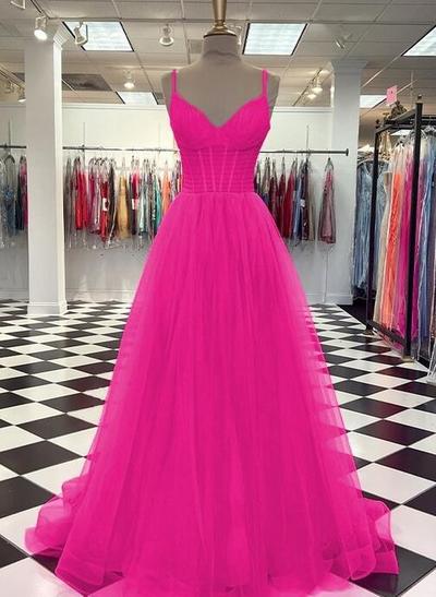Princess A Line Hot Pink Tulle Ruffles V-neck Prom Dresses