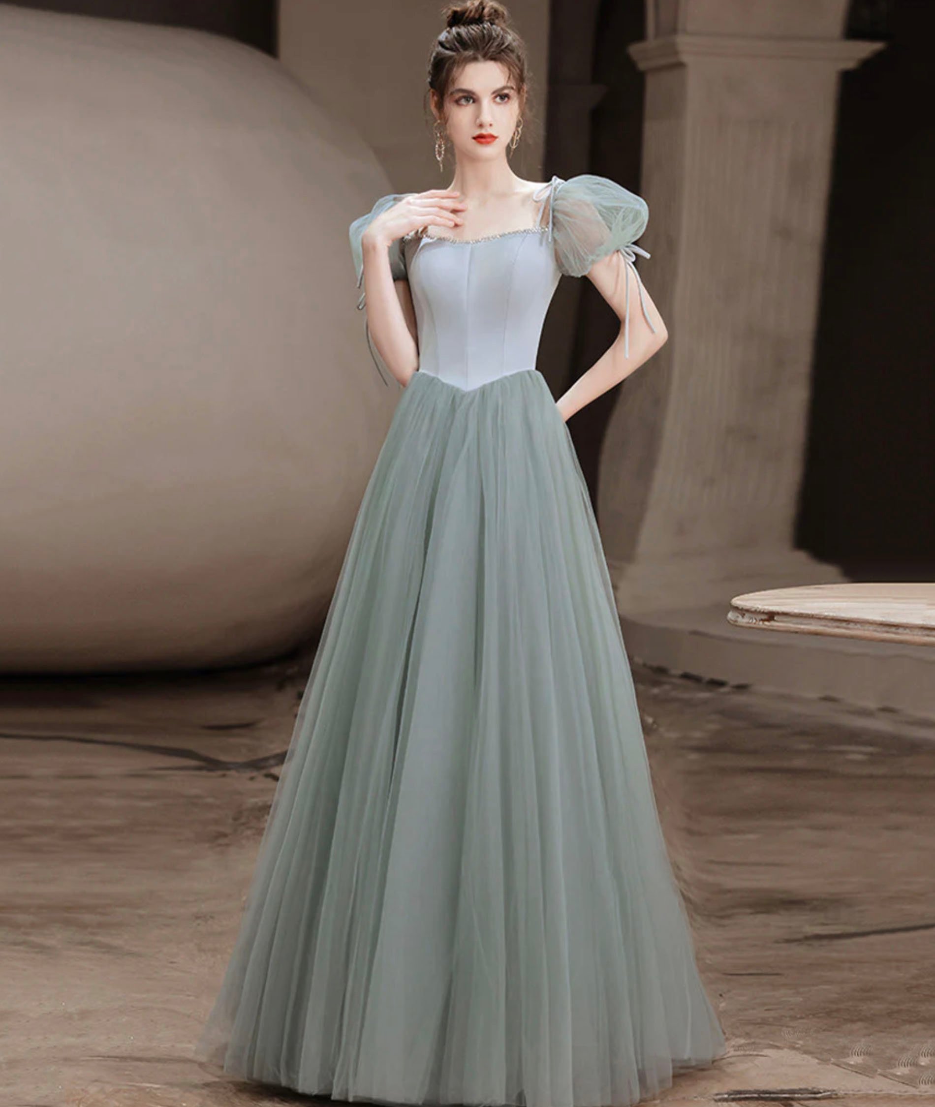 Green A-Line Tulle Long Prom Dress, Green Graduation Party Dress