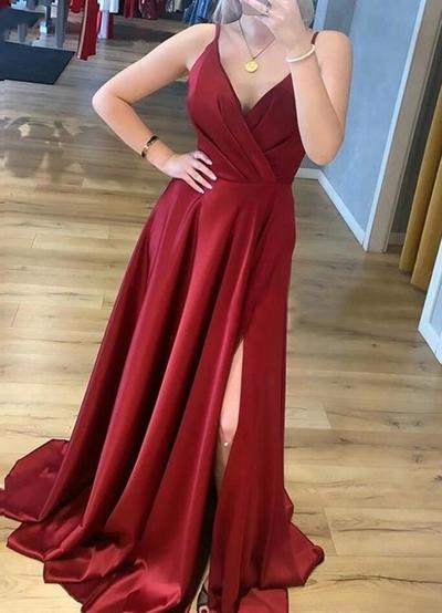 Spaghetti Strap A Line V Neck Burgundy Prom Dresses